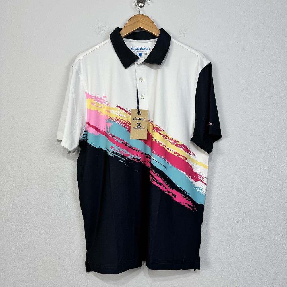 Chubbies Polo Shirt Mens Large Multi The Tennis Champ Golf Performance Stretch